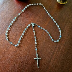 Irredescent Clear Beaded Rosary Catholic Prayer Meditation Men Women Children